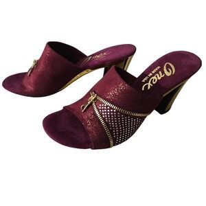 Onex Burgundy Suede Rhinestone Zipper Slide Sandals Gold Mirror Block Heel 37